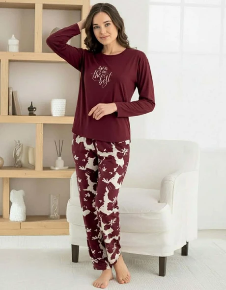 Pijamoni Kadın Milan Bisiklet Yaka Uzun Kol İnce Pijama Takımı 7600/21 - 1 Adet  Bordo S - M ürün görseli 1