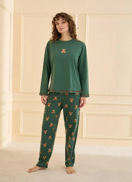 Mihra Kadın %100 Pamuk Bisiklet Yaka Uzun Kol İnce Pijama Takımı 90762Y - 1 Adet  XL Yeşil ürün görseli 1