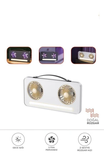 LED Işıklı Çift Fanlı Mini Masaüstü Vantilatör 1200mAh Şarjlı Taşınabilir Fan ürün görseli 1