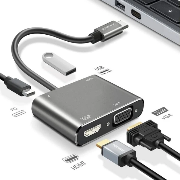 Büro Ev Ofis Cihazları için 4K Hdmi Vga Usb TypeC to Hub Çoklayıcı Dönüştürücü ürün görseli 1