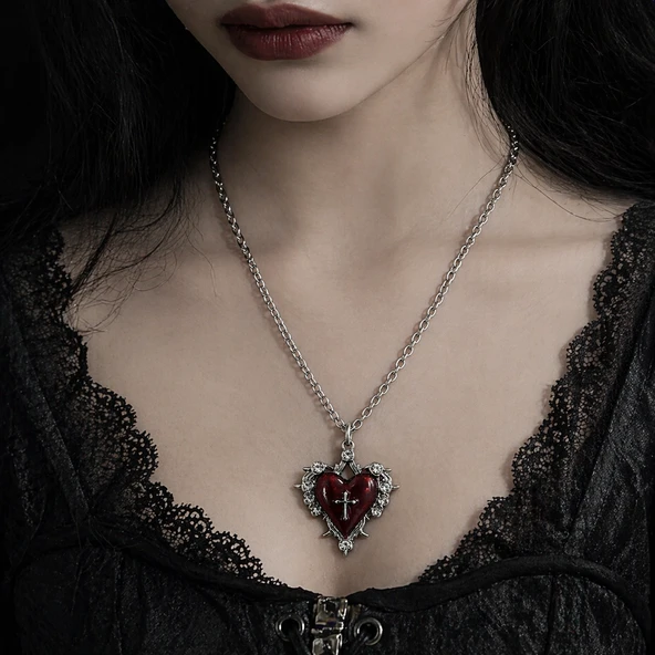 Gotik Kırmızı Kalp Haç Detaylı Kolye Unisex Metal Zincir ürün görseli 1