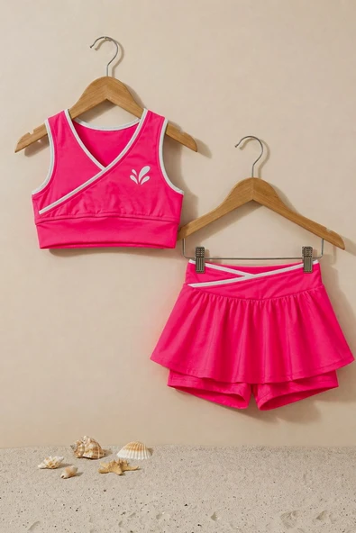 Kız Çocuk Sportif Fuşya Renk Crop - Şort Etek Alt Üst - Takım ürün görseli 1
