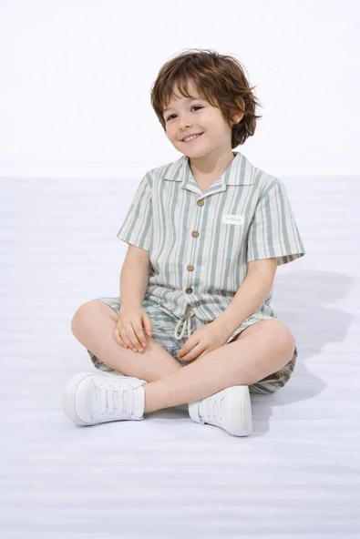 Cg Kids Keten Çizgi Desenli Kaliteli Kumaş Erkek Çocuk Alt Üst Takım ürün görseli 1
