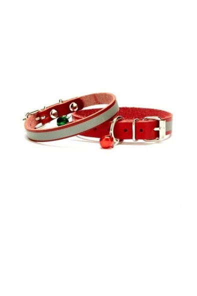 Cattie Gerçek Deriden El Yapımı Reflektörlü Kedi Boyun Tasması 1,5x28-32cm - Red ürün görseli 1