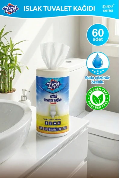 60 ADETLİ ZİPY ISLAK TUVALET KAĞIDI FLUSHABLE SUDA DAĞILAN FORMÜL ürün görseli 1
