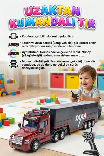 4 Fonksiyon Uzaktan Kumandalı Gerçekci Işık Adyınlatmalı Dev 77cm 2.4GHz Dorseli Oyuncak Tır ürün görseli 1