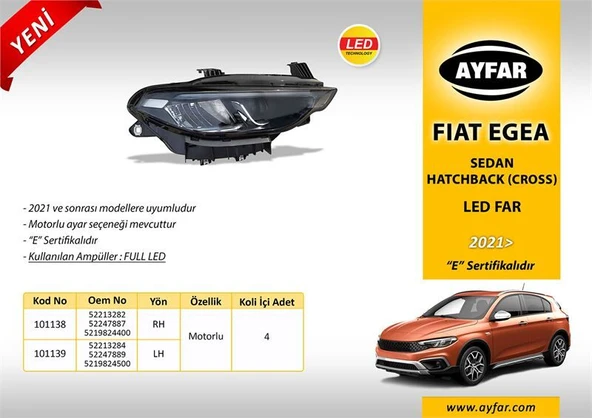 AYFAR FAR SAĞ MOTORLU FULL LED FİAT EGEA/TIPO SEDAN/HATCHBACK (CROSS) (2021>) ürün görseli 1