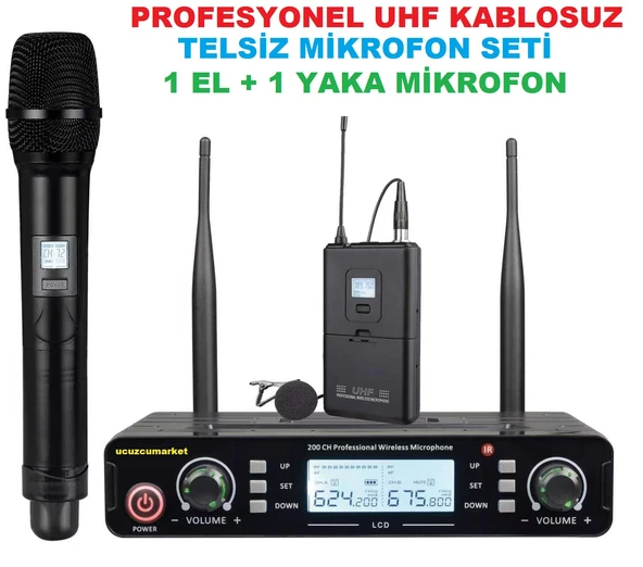 PROFESYONEL UHF KABLOSUZ TELSİZ MİKOFON SETİ ( 1 EL + 1 YAKA MİKOFON) ürün görseli 1