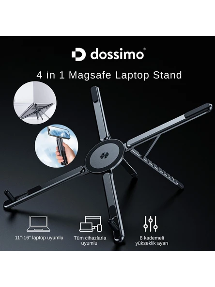Dossimo Katlanabilir Portatif Laptop Standı Manyetik Magsafe Telefon ve Tablet Tutucu Tripod 4 In 1 DS-500 ürün görseli 1