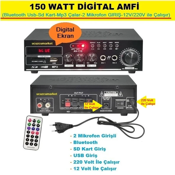 150 WATT SESLENDİRME AMFİ(Bluetooth Usb-Sd Kart-Mp3 Çalar-2 Mikrofon GIRIŞ-12V/220V) ürün görseli 1