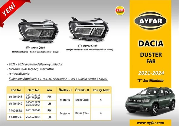 AYFAR FAR MOTORLU SOL DACIA DUSTER BEYAZ ÇITALI ( 2021->24) ürün görseli 1