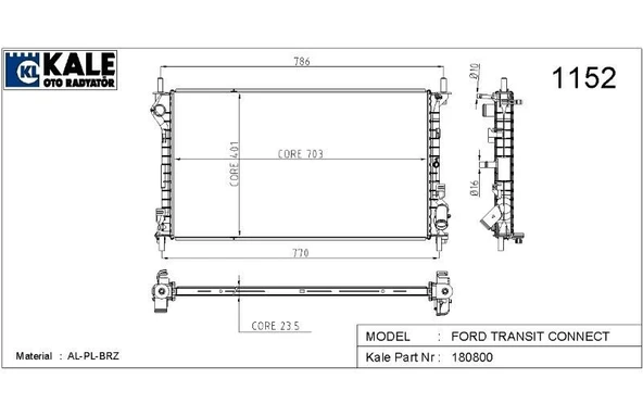 KALE RADYATÖR FORD TRANSIT CONNECT V227 NAC RADYATÖR 1 SIRA ALÜMİNYUM BRAZİNG SİSTEM ürün görseli 1