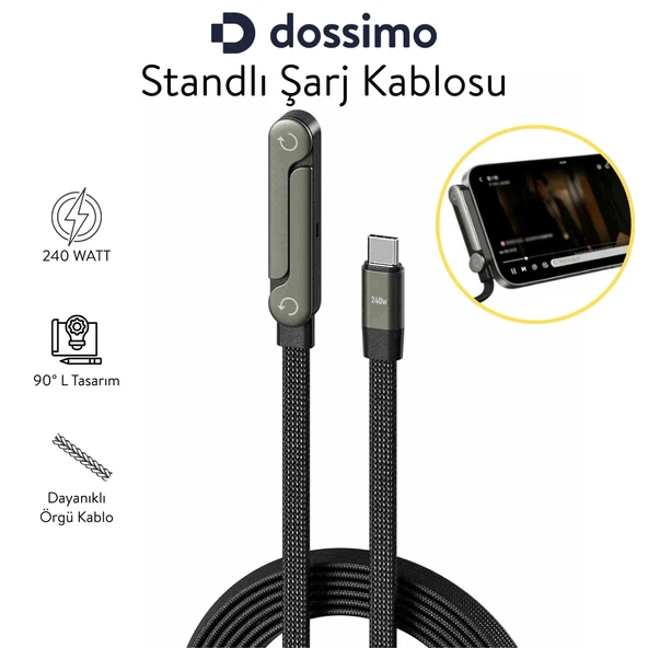 Dossimo 240W Ultra Hızlı Type-C Şarj Data Kablosu Katlanabilir Standlı 1.5m Örgülü 2 In 1 Stand+Şarj Kablosu ürün görseli 1