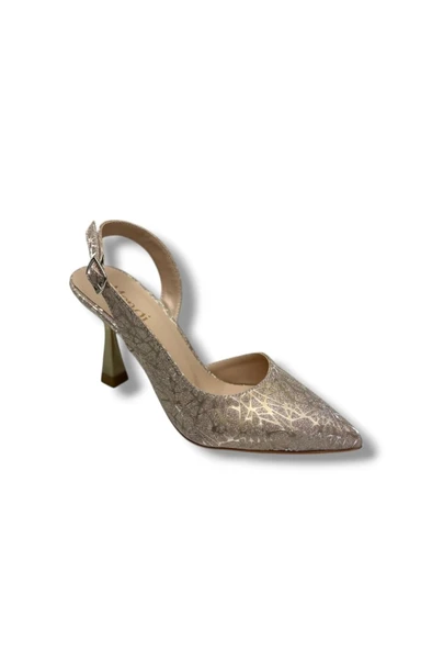 Mengi 685-26 Parlak Simli Saten İnce Topuk Arkası Açık Kadın Stiletto(9cm) ürün görseli 1