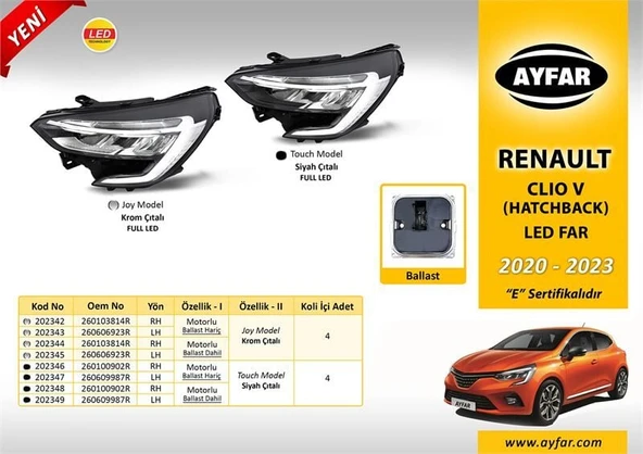 AYFAR FAR SİYAH ÇITALI MOTORLU SOL (BALLAST BEYİN DAHİL) RENAULT CLIO V HATCBACK (2020-2023) ürün görseli 1