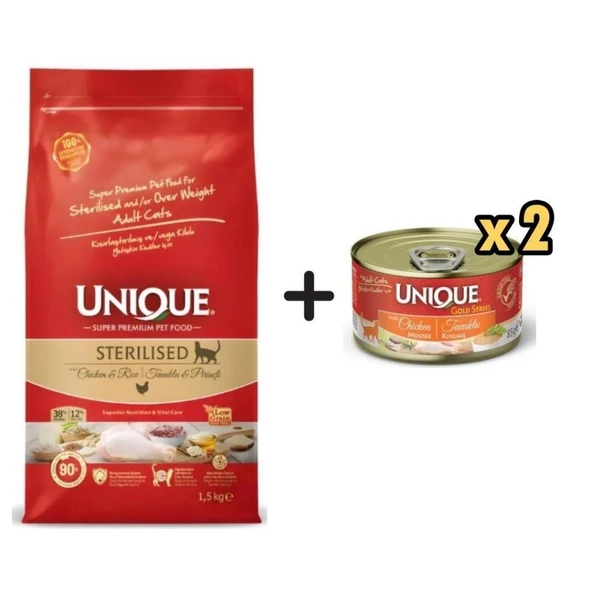 Unique Tavuklu Düşük Tahıllı Sterilised Kedi Maması 1,5 kg + 2 Adet Unique Gold Series Tavuklu Konserve Yaş Kedi Maması 85 Gr ürün görseli 1