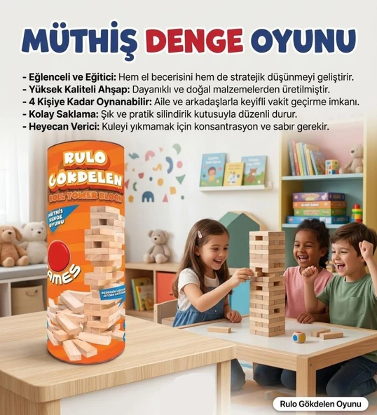 Rulo Gökdelen! 54 Parça Ahşap Rulo Kutulu Eğitici ve Zeka Aile Denge Oyunu ürün görseli 1