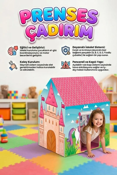 Prenses ve Unicorn Temalı 100x70cm Kolay Kurulum Dayanıklı Çocuk Oyun Çadırı ürün görseli 1