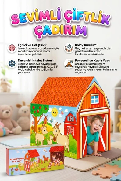 Sevimli Hayvan Çiftliği Temalı 100x70cm Çadırı Kolay Kurulum Dayanıklı Çocuk Oyun Çadırı ürün görseli 1