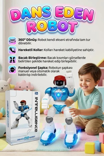 Kumandalı Dans Eden Sesli Işıklı Müzikli 360 Derece Dönebilen Programlanabilir Akıllı Oyuncak Robot ürün görseli 1