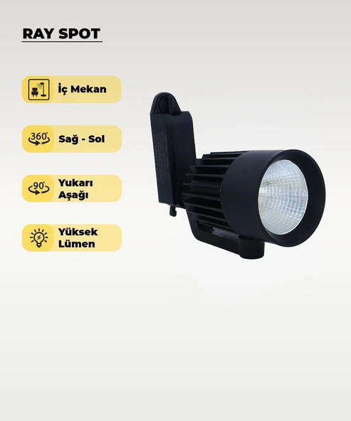36W Siyah Ray Spot 6500K Beyaz Işık – LED Ray Spot Aydınlatma Armatürü ürün görseli 1