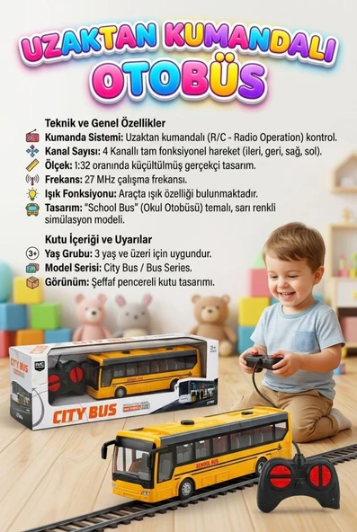 Uzaktan Kumandalı 4 Fonksiyonlu Işıklı 27MHz 1:32 Ölçülü Detaylı Servis Tasarımlı Oyuncak Otobüs ürün görseli 1