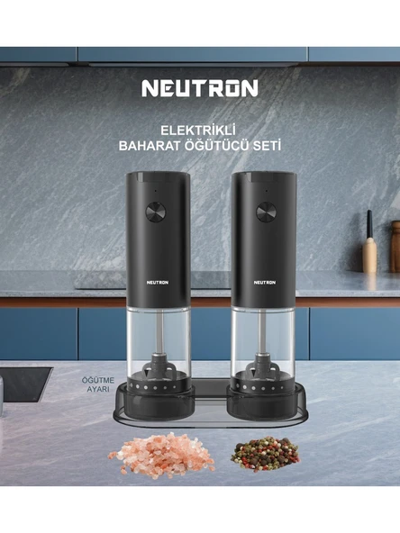 Neutron NTL-PG-33D Dıştan Öğütme Ayarlı Pilli Tuz Karabiber Değirmeni Baharat Öğütücü 2li Paket ürün görseli 1