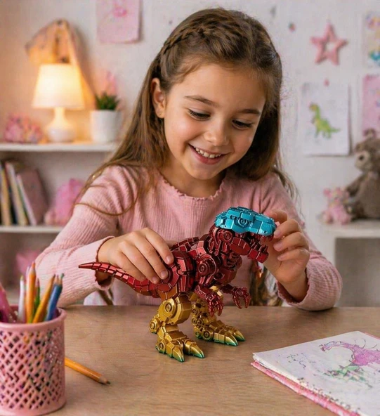 Robotik Görünümlü T-Rex Dinozor Figürü – Metalik Efektli Plastik Dekoratif Biblo (Sabit Model ürün görseli 1