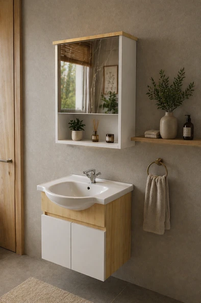 Darende 55cm Seramik Lavabolu MDF Aynalı Banyo Dolabı ürün görseli 1