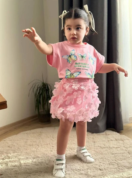 Cg Kids Kelebek Baskılı Pembe Kelebek İşlemeli Etekli Kız Çocuk Alt Üst Takım Süper Kalite ürün görseli 1