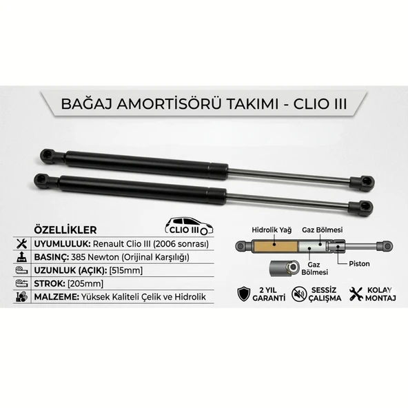 Renault Clio 3 Bagaj Amortisörü Takımı (2 Adet) - 2006-2012 Arası Tüm Modeller - 385 Newton ürün görseli 1