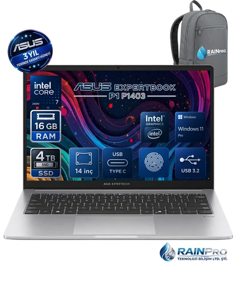 Asus ExpertBook P1403CVA Intel® Core™ 7-240H 16 GB DDR5 4 TB SSD 300NITS 14" FHD Windows 11 Pro Taşınabilir Bilgisayar | 3 Yıl Yerinde Garanti C716512G0DRNP08 ürün görseli 1
