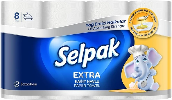 Selpak Extra Yağ Emici Halkalar 3 Katlı 8'li Rulo Kağıt Havlu ürün görseli 1