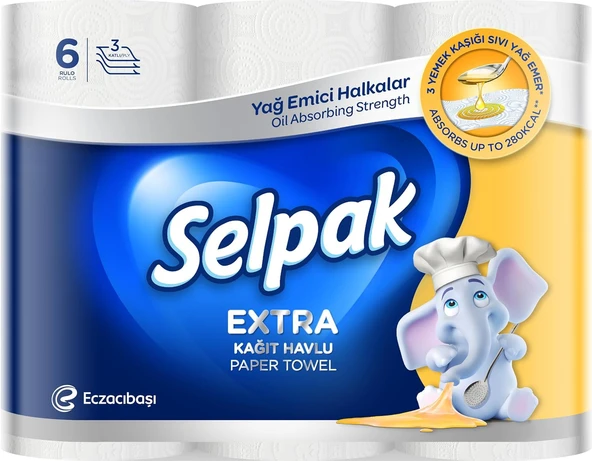 Selpak Extra Yağ Emici Halkalar 3 Katlı 6'lı Rulo Kağıt Havlu ürün görseli 1