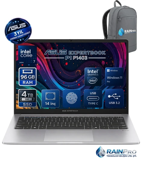 Asus ExpertBook P1403CVA Intel® Core™ 7-240H 96 GB DDR5 4 TB SSD 300NITS 14" FHD Windows 11 Pro Taşınabilir Bilgisayar | 3 Yıl Yerinde Garanti C716512G0DRNP36 ürün görseli 1