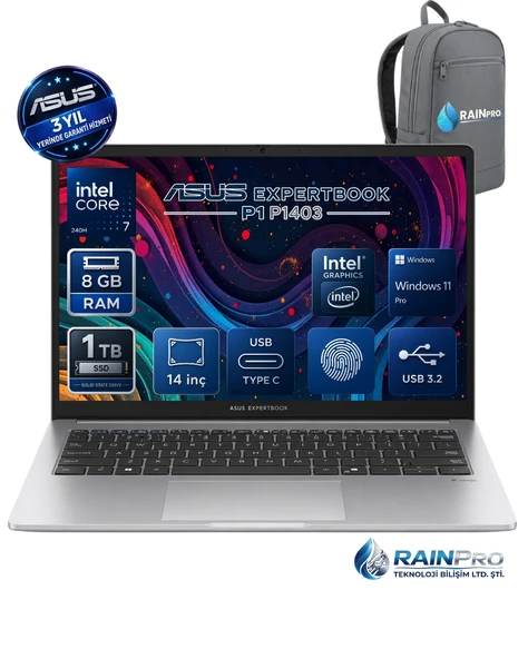 Asus ExpertBook P1403CVA Intel® Core™ 7-240H 8 GB DDR5 1 TB SSD 300NITS 14" FHD Windows 11 Pro Taşınabilir Bilgisayar | 3 Yıl Yerinde Garanti C716512G0DRNP02 ürün görseli 1