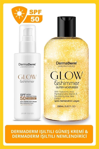 DermaDerm SPF50+ Işıltılı Yüz ve Vücut Güneş Kremi 100Ml. ve Dermaderm Işıltılı Nemlendirici 250Ml. ürün görseli 1