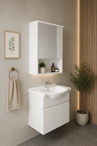 Darende 55cm Seramik Lavabolu MDF Aynalı Banyo Dolabı ürün görseli 1