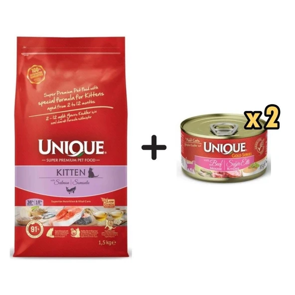 Unique Somonlu Düşük Tahıllı Yavru Kedi Maması 1,5 Kg + 2 Adet Unique Gold Series Sığır Etli Konserve Yaş Kedi Maması 85 Gr ürün görseli 1