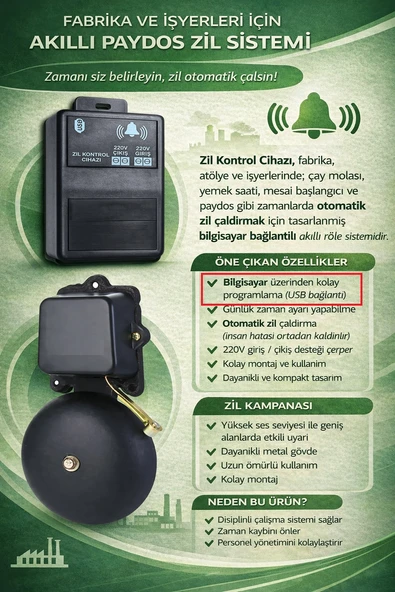 İşyeri Fabrika Paydos Mola zil otomasyonu Usb bağlantılı Zil Rölesi ve Kampana(zil) ürün görseli 1