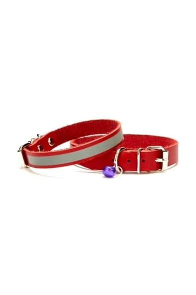 Cattie Gerçek Deriden El Yapımı Reflektörlü Kedi Boyun Tasması 1,2x25-29cm - Red ürün görseli 1
