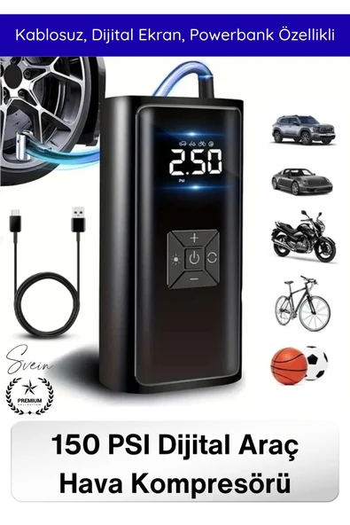 #HavaKompresör Dual Mod 150 PSI Led Powerbank Dijital Ekranlı Şarjlı Taşınabilir Araç Hava Kompresörü Lastik Şişirme Kab ürün görseli 1