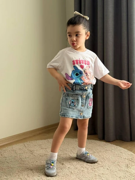 Cg Kids Stitch Kız Çocuk Tshirt & Etek Stitch Nakış İşleme Detaylı Alt Üst Takım ürün görseli 1