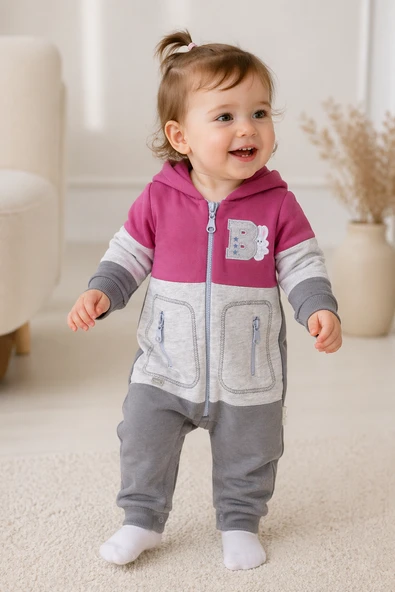Babyhola Kız Erkek Fermuarlı Kapüşonlu Spor Tulum 12645 ürün görseli 1