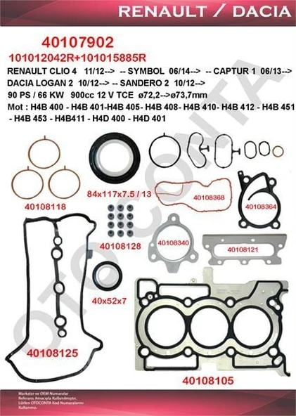 OTOCONTA FULL TAKIM CONTA TEFLON KECELI RENAULT CLIO IV 0.9 12 V TCE H4B 400 - 408 - 410 ürün görseli 1