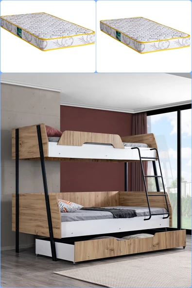 Ranza, Alba Geniş Yavrulu Ranza, 120x200 cm - 90x200 cm - Ceviz-Beyaz + 2 Comfort Yatak ürün görseli 1