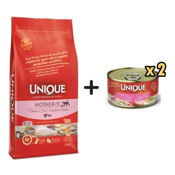 Unique Mother and Baby Cat Düşük Tahıllı Tavuklu ve Balıklı Kedi Maması 2 Kg + 2 Adet Unique Gold Series Sığır Etli Konserve Yaş Kedi Maması 85 Gr ürün görseli 1