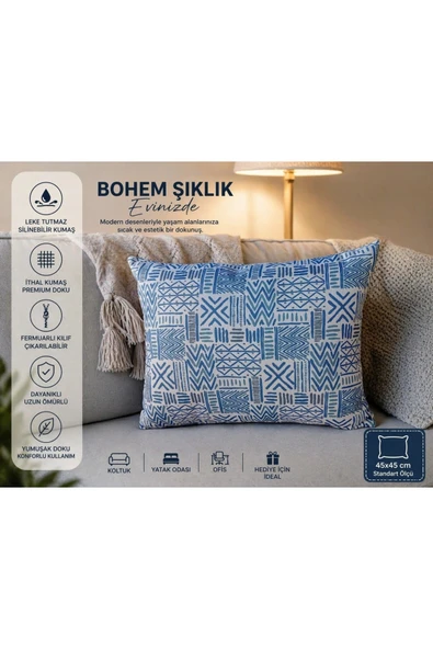 Modern Bohem Desenli Dekoratif Kırlent Kılıfı 47x47 Mavi (4 Adet) ürün görseli 1