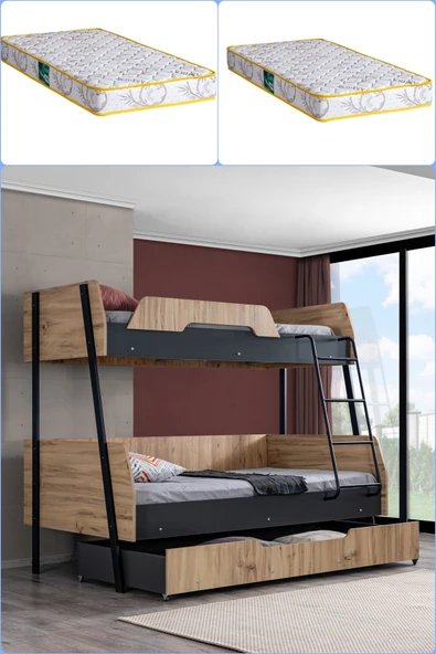 Ranza, Alba Geniş Yavrulu Ranza, 120x200 cm - 90x200 cm - Ceviz-Antrasit + 2 Comfort Yatak ürün görseli 1