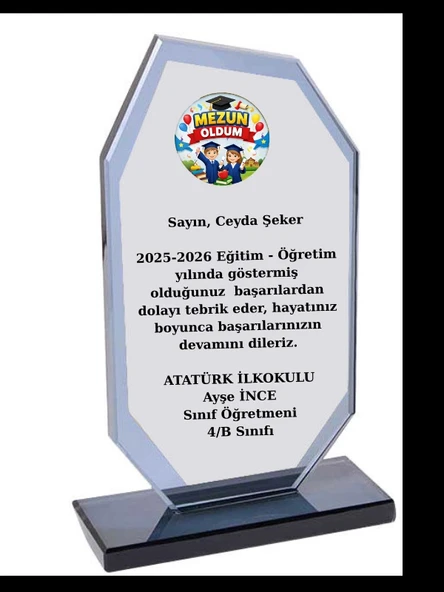 Mezun Plaketi - Kişiye Özel Plaket - Cam Plaket - Mezuniyet Plaketi ürün görseli 1
